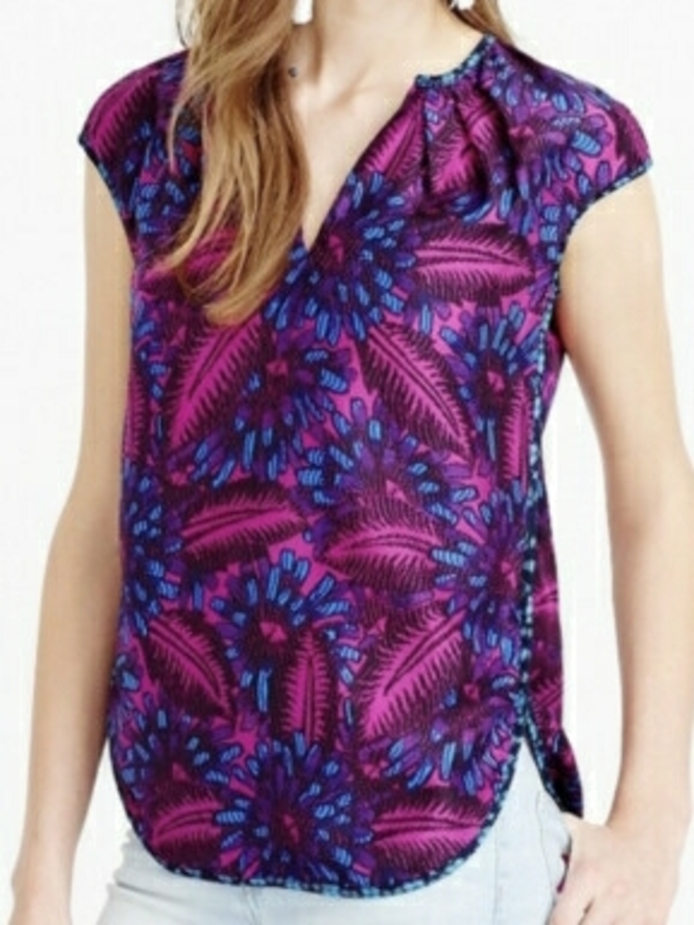 J. Crew Midnight Floral Cocoon Silk Purple and Blue Cap Sleeve Top Size 12 NWT - Picture 2 of 9